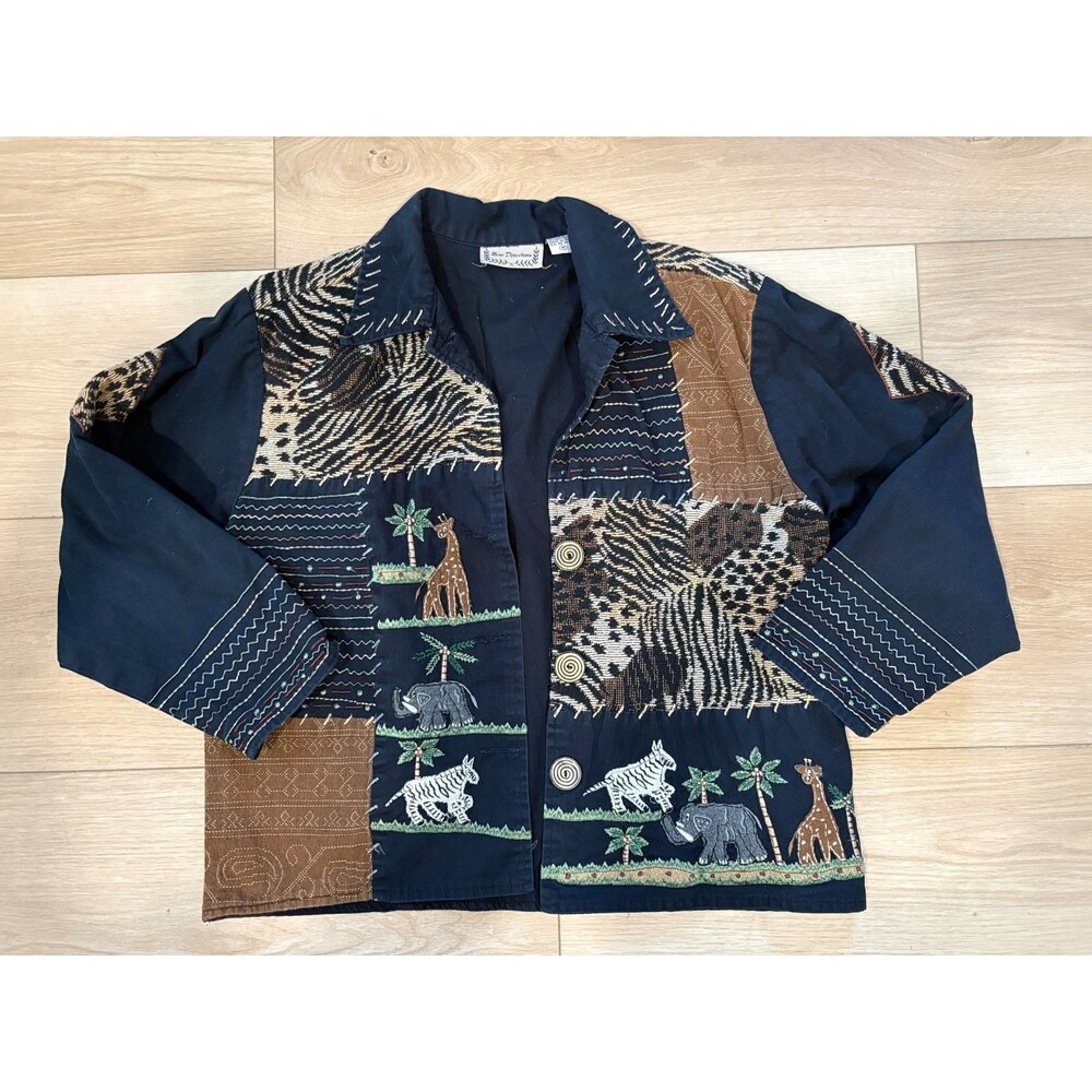 New Direction Safari Patchwork Women Jacket Embroidered African Animals Cotton M